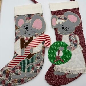 MON AMI Set of 2 Quilted Christmas Stockings Mouse Applique Burgundy Large‎